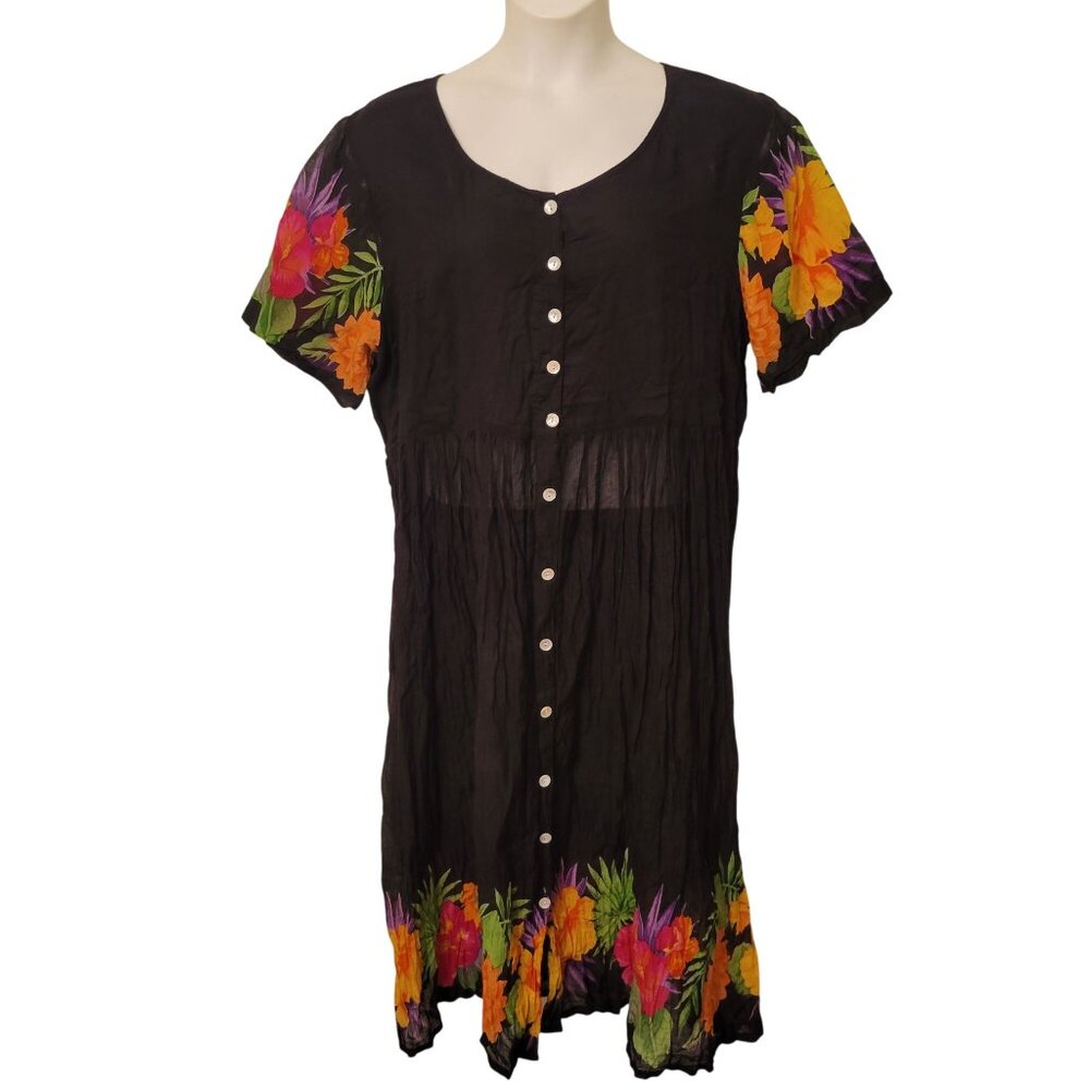 La Cera 2X Black Floral Short Sleeve Button Front Dress Cotton Lightweight Flowy